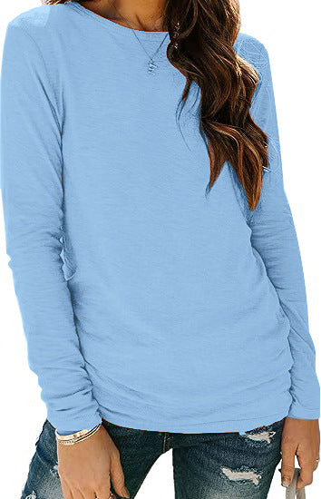Camiseta de manga larga con cuello redondo, color liso, informal y sencilla para mujer