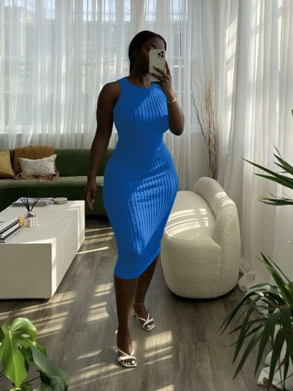 Vestido informal de punto sin mangas con cuello redondo para mujer