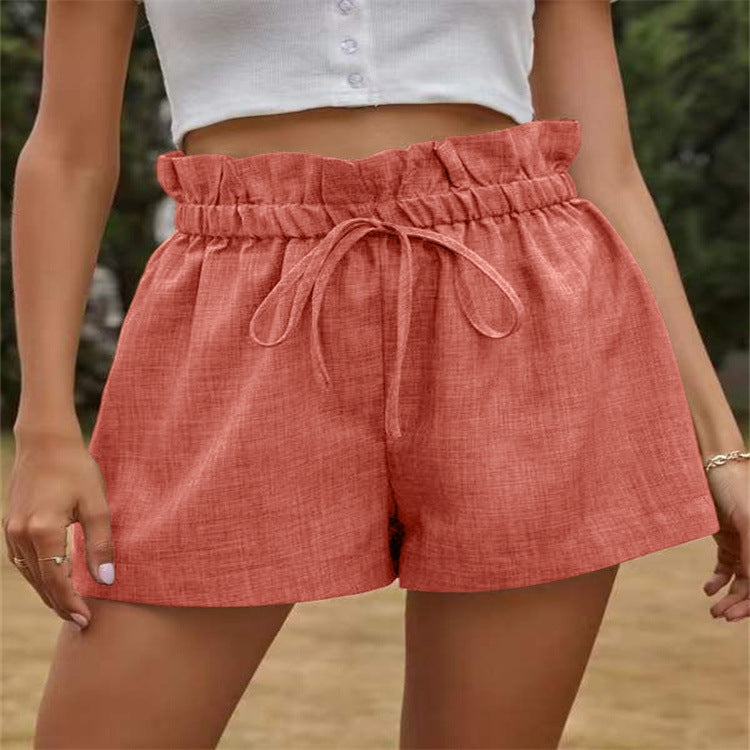 Summer Women Casual Solid Color High Waist Lace-Up Loose Shorts