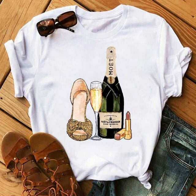 Camiseta holgada informal de manga corta con estampado gráfico de vino para mujer