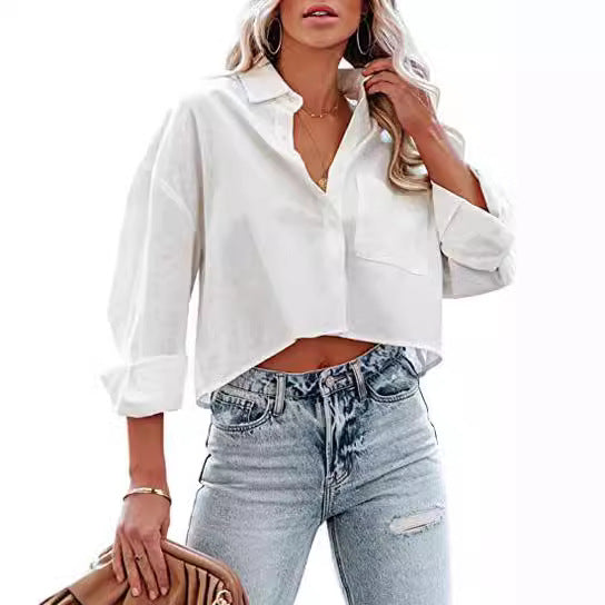 Blusa informal de manga larga con solapa y hebilla de color liso para mujer