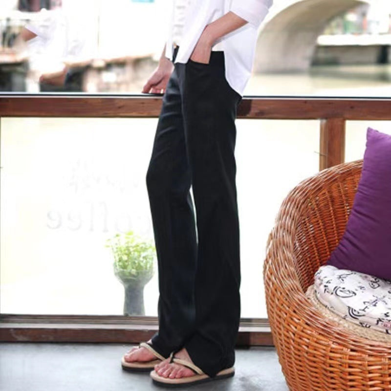 Women Fashion Casual Solid Color Cotton Linen Straight-Leg Pants