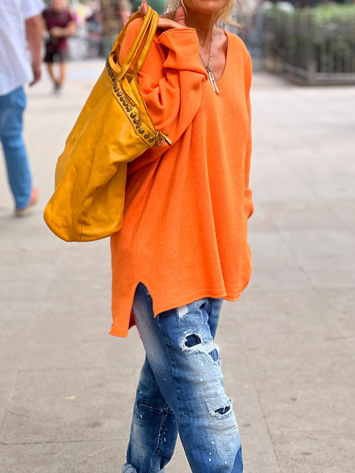 Women Casual Solid Color V-Neck Long Sleeve Knitted Sweater