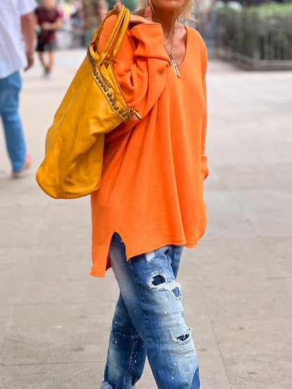 Women Casual Solid Color V-Neck Long Sleeve Knitted Sweater