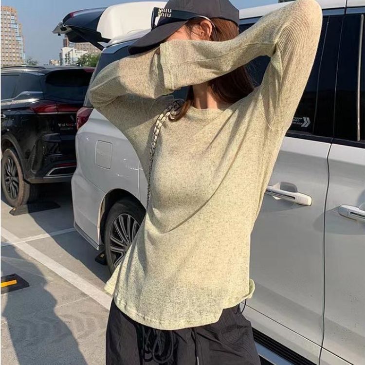 Women Fashion Casual Solid Color Round Neck Long Sleeve Top