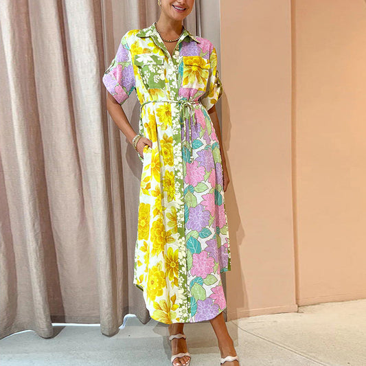 Spring And Summer Loose Vacation Women Casual Short-Sleeved Lace-Up Pocket Floral Shirt Maxi Dress