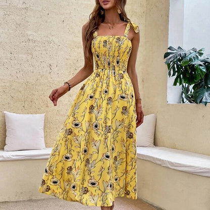Vestido largo informal con cintura elástica definida y estampado floral para vacaciones de verano para mujer