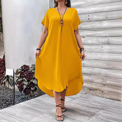 Spring And Summer Plus Size Women Fashion Casual V-Neck Dress