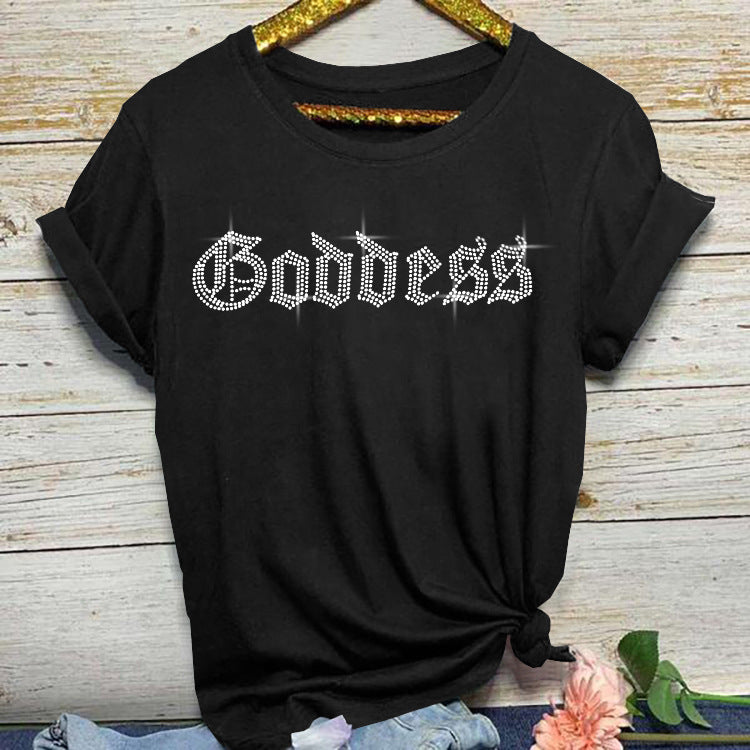 Camiseta básica informal de manga corta con cuello redondo y diamantes de imitación para mujer