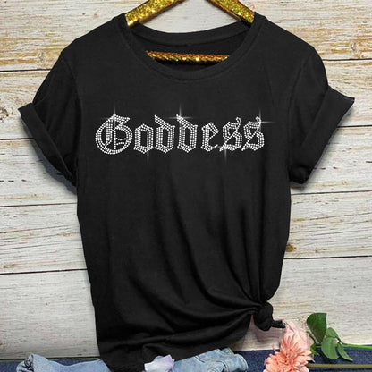 Camiseta básica informal de manga corta con cuello redondo y diamantes de imitación para mujer