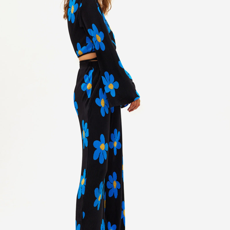 Conjunto de pantalones de manga larga con escote en V profundo y estampado floral informal a la moda para mujer