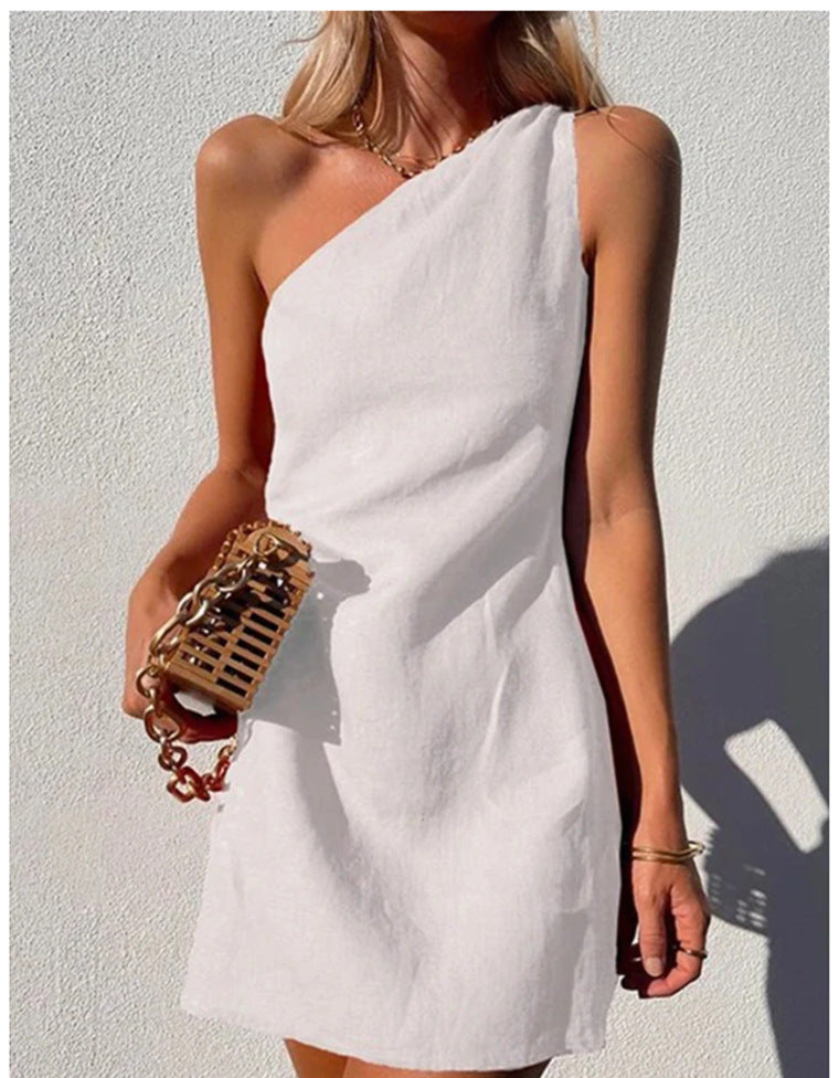 Women Casual Solid Color Slim-Fit One-Shoulder Dress