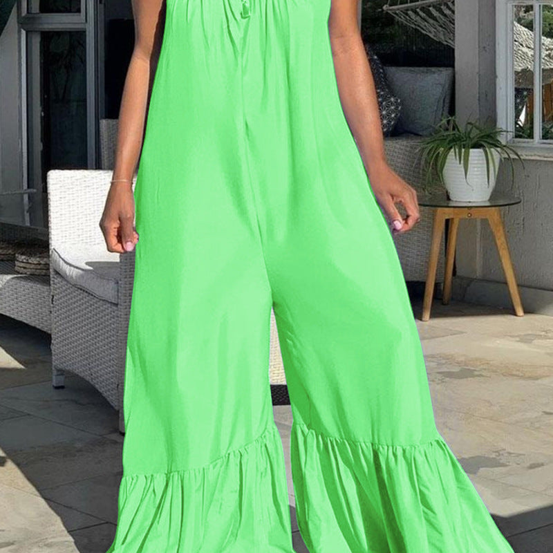 Women Casual Loose Plus Size Solid Color Sleeveless Ruffled Jumpsuits