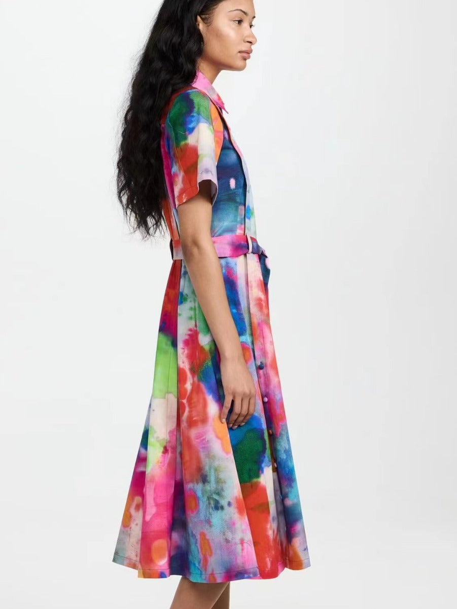 Women Fashion Casual Printed Lapel Short Sleeve Single-Breasted Belt Dress