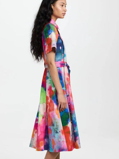 Women Fashion Casual Printed Lapel Short Sleeve Single-Breasted Belt Dress