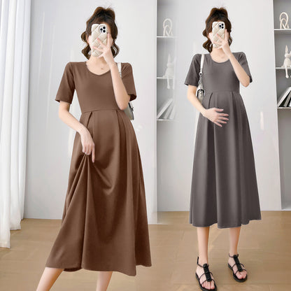 Summer Women Fashion Casual Solid Color Short Sleeve Maternity Dress