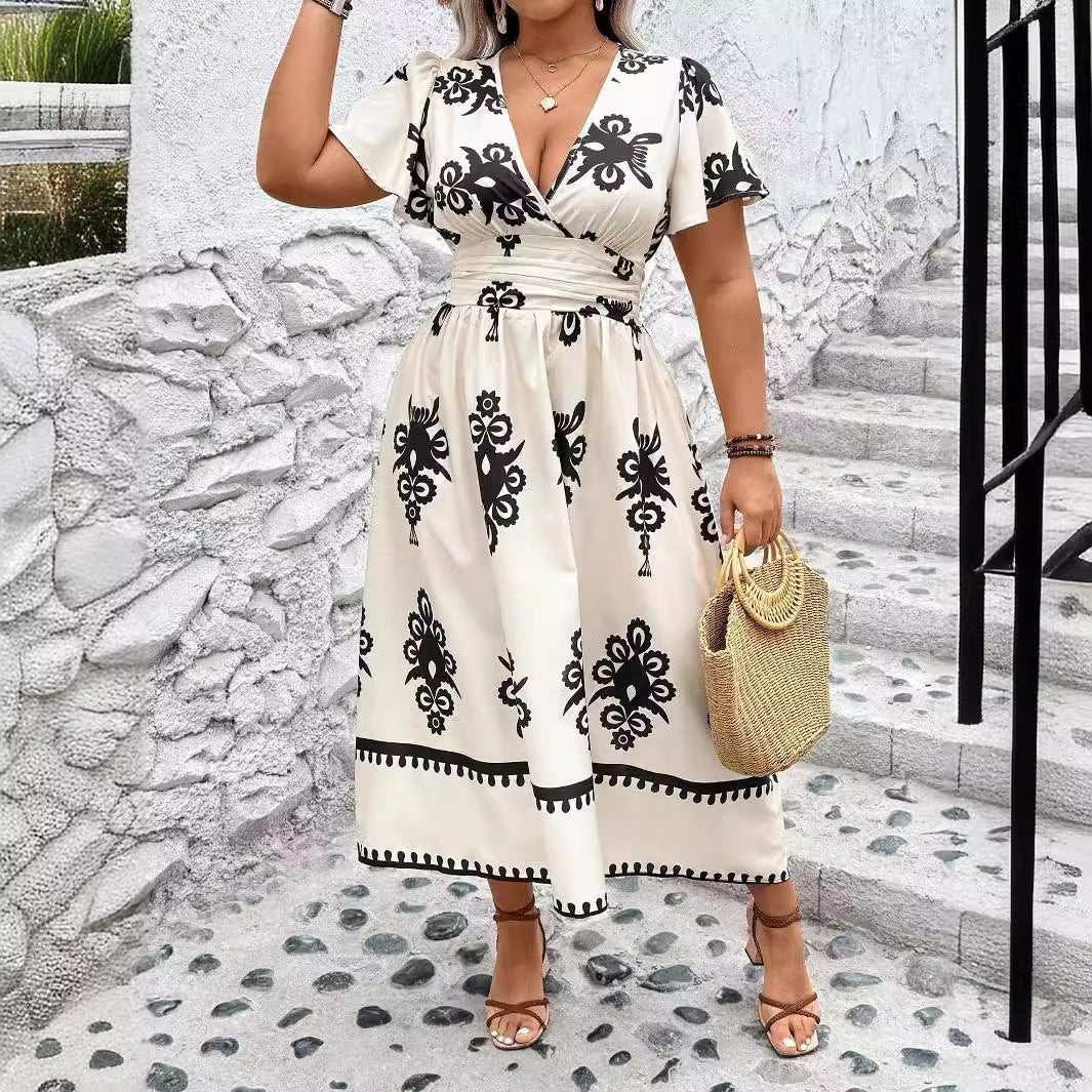 Women Fashion Casual Plus Size Geometric Print V-Neck Short-Sleeve Dress