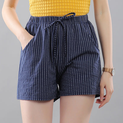 Women Casual Cotton Loose Stripe Lace-Up Shorts