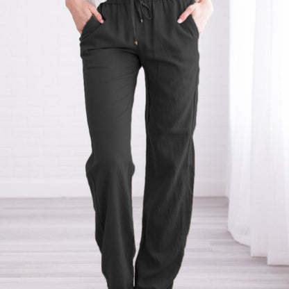 Women Casual Solid Color Cotton Linen Loose Drawstring Pants