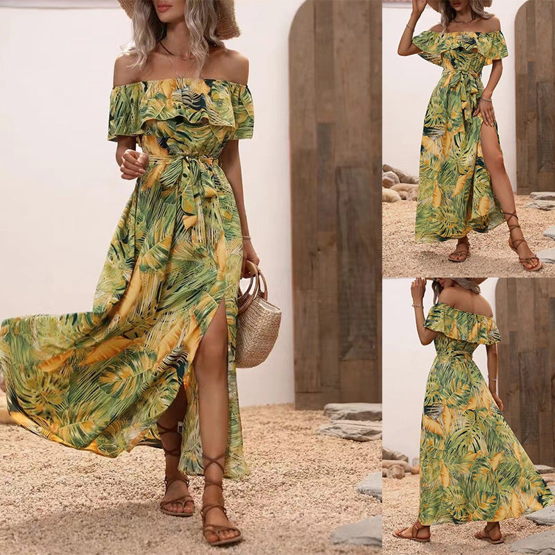 Vestido largo informal de playa con cuello barco y volantes con estampado floral para mujer