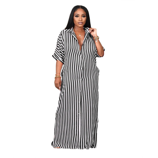 Women Casual Stripe Color Blocking Short Sleeves Loose Lapel Shirt Maxi Dress