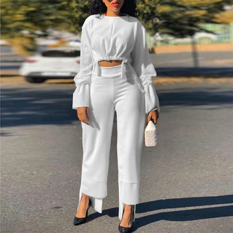 Women Casual Solid Color Long Sleeve Drawstring Waist Crop Top And Wide Leg Pants Set