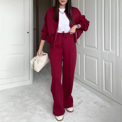 Fall Winter Women Fashion Simple Zipper Sweatshirt Jacket Casual Straight Leg Pants Set