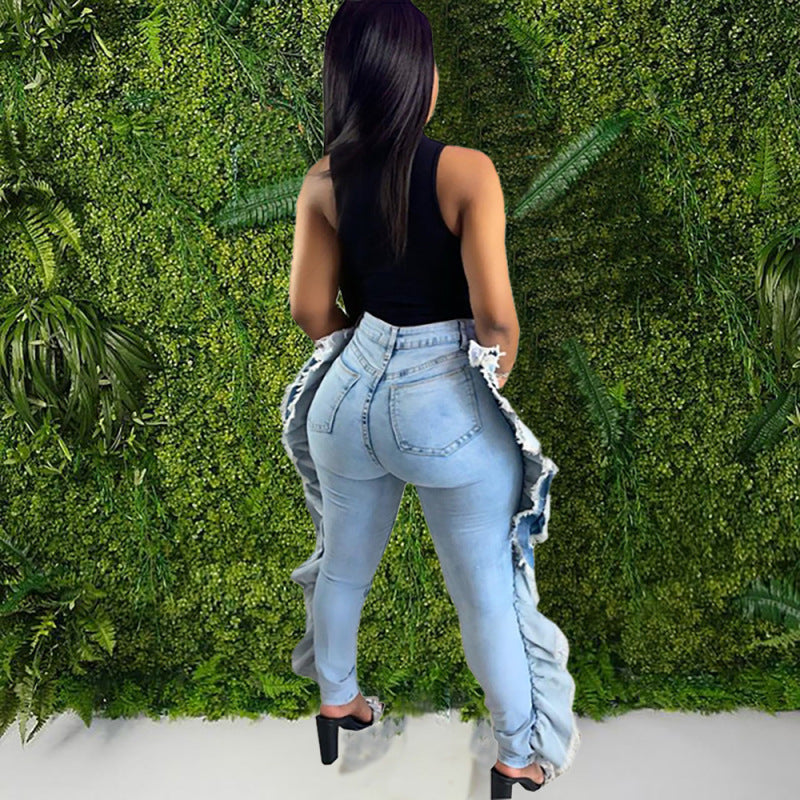 Vaqueros ajustados con borlas y volantes rotos para mujer