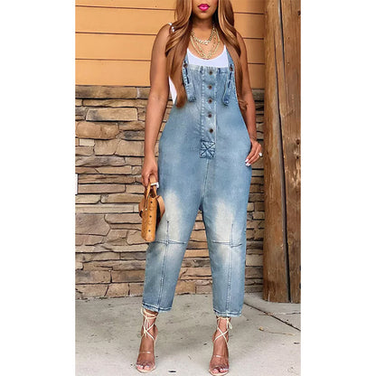 Women Fashion Casual Strap Jeans Pocket Suspender Denim Jumpsuits