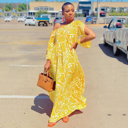 Summer Women Fashion Casual Oblique Shoulder Geometric Print Loose Maxi Dress