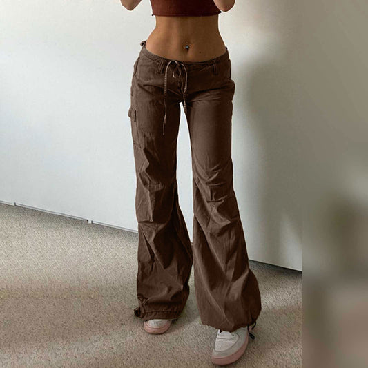 Women Fashion Casual Solid Color Drawstring Straight Pants