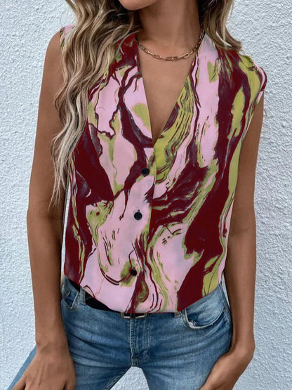 Blusa informal de verano para mujer, sin mangas, con cuello en V, estampado de mármol y teñido anudado