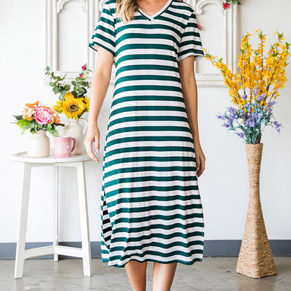 Women Fashion Casual Black White Stripe Printed V-Neck Short Sleeve Side Slit Dress