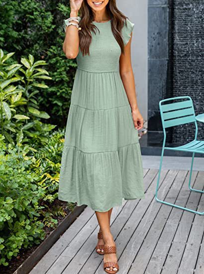 Summer Women Casual Boho Cap Sleeve Mid Length Short Sleeve Dress