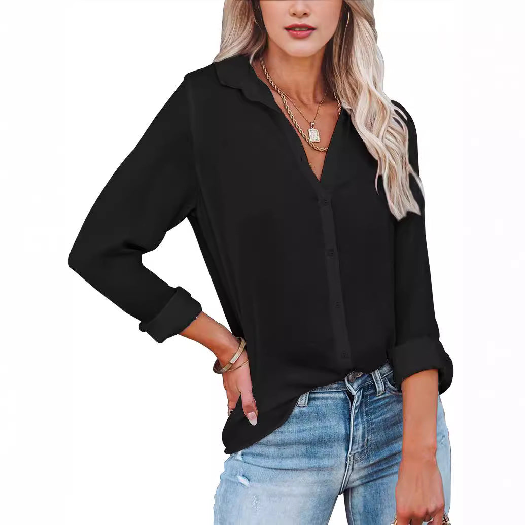 Blusa informal sencilla de manga larga con solapa en color liso para mujer