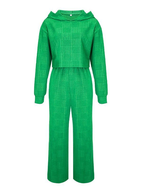 Conjunto de dos piezas informal de color liso con capucha y pantalones de pierna ancha de manga larga para mujer