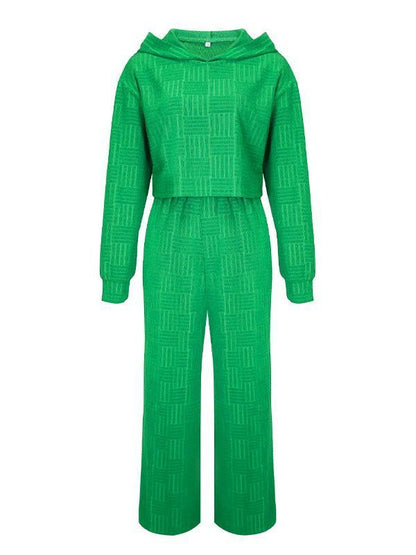 Conjunto de dos piezas informal de color liso con capucha y pantalones de pierna ancha de manga larga para mujer