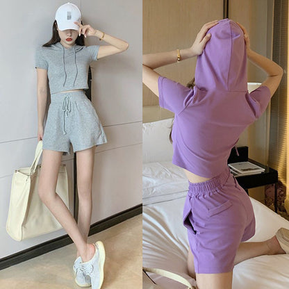 Conjunto deportivo informal con capucha y manga corta para mujer