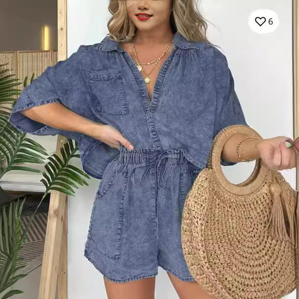 Conjunto de dos piezas de pantalones cortos casuales, holgados y cómodos para mujer
