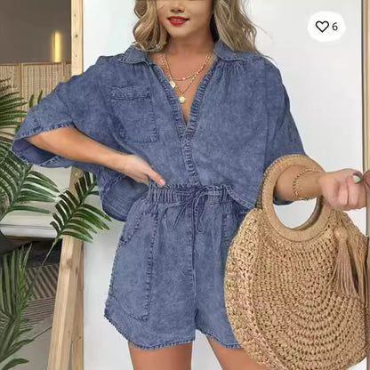 Conjunto de dos piezas de pantalones cortos casuales, holgados y cómodos para mujer