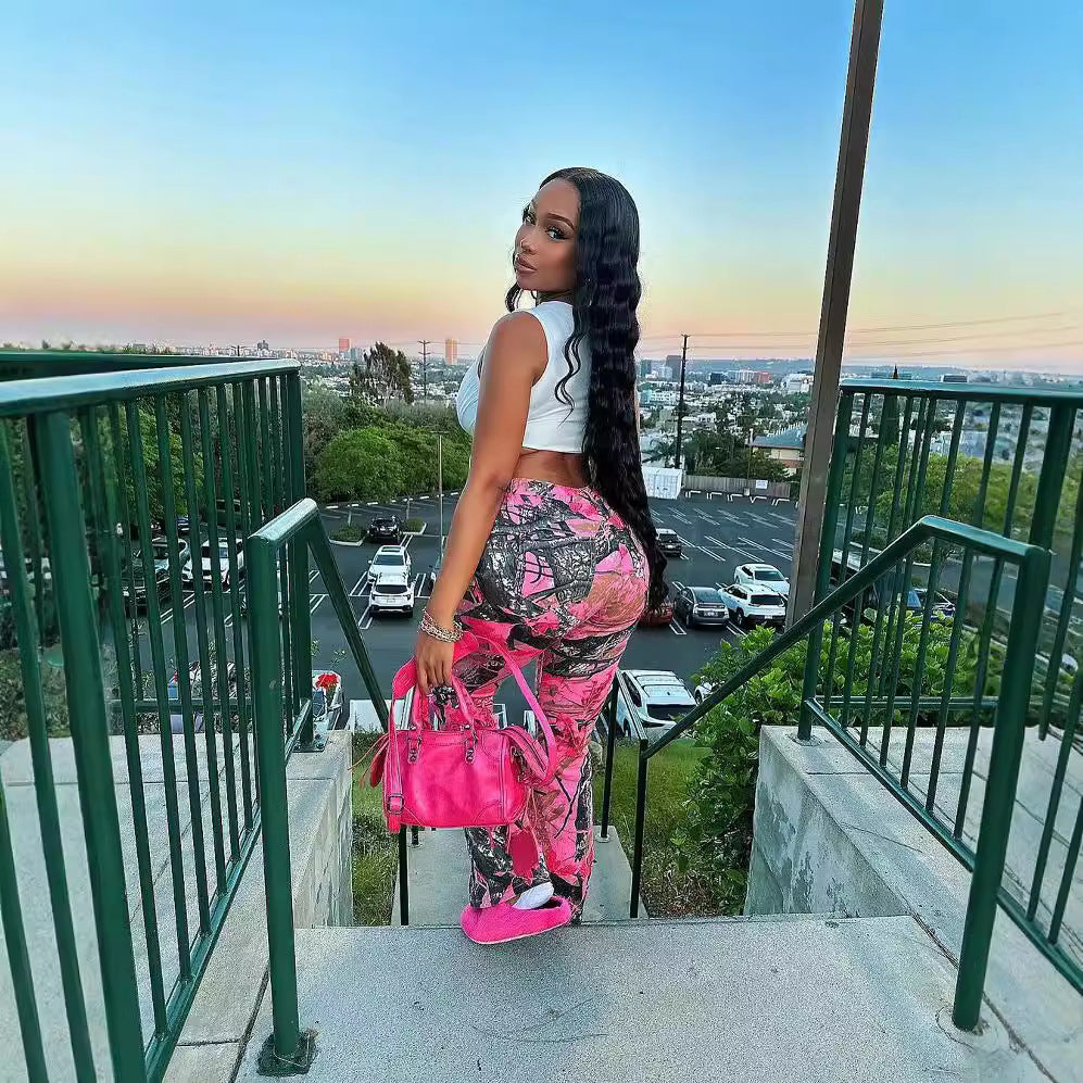 Women Fashion Casual Pink Camouflage High Waist Slim-Fit Pants