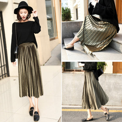 Women Solid Color Pleated High Waist Casual Long Skirt