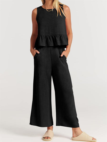Conjunto informal de verano para mujer, blusa sin mangas con volantes y pantalones de pierna ancha
