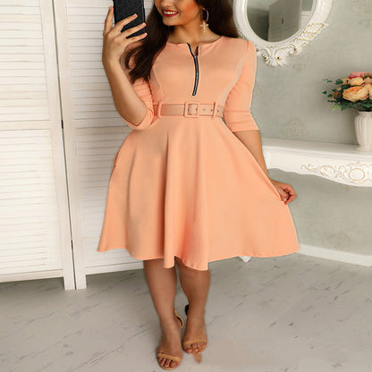 Women Fashion Casual Solid Color Zipper Belt Swing Dress