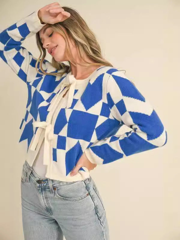 Suéter casual de manga larga con cordones y diseño geométrico para mujer