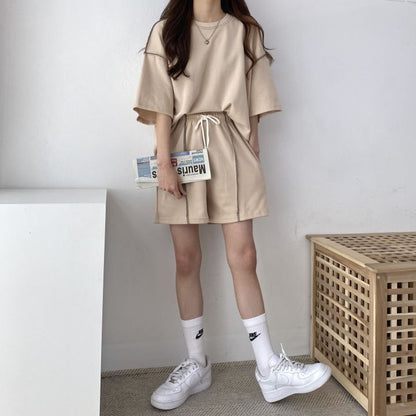 Women Fashion Casual Loose Round Neck Short Sleeve Top Drawstring Shorts Two-Piece Set
