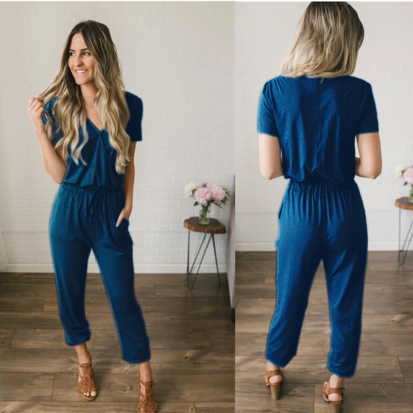 Women Casual Simple Solid Color Waist Drawstring Jumpsuits