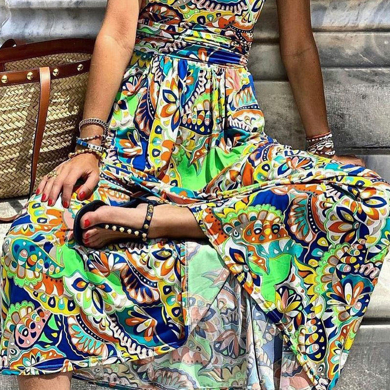 Women'S Fashion Vintage Boho One-Shoulder Sleeveless Loose Casual Floral Printed Maxi Dress