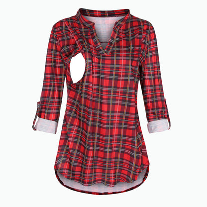 Pregnant Women Fashion Casual V-Neck Plaid Print Breastfeeding Long Sleeve Top
