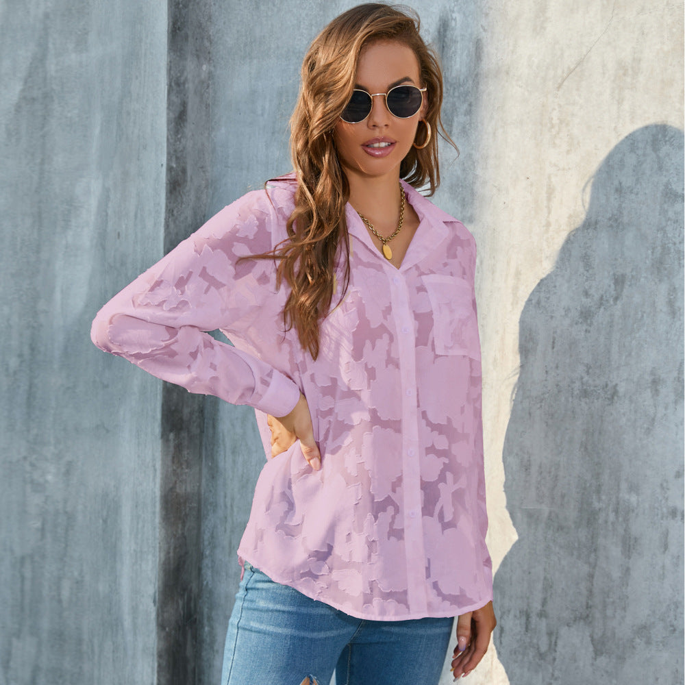 Blusa informal de gasa holgada con estampado floral y solapa de manga larga para mujer